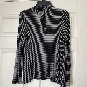 Grey and White Striped Mock Neck Keyhole Shirt